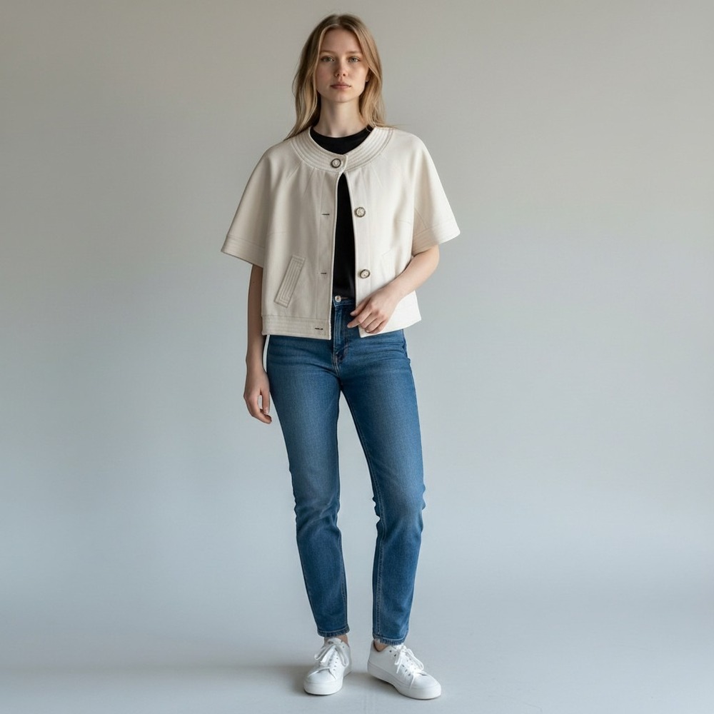 Trina Turk Womens Cream Short Sleeve Button Front Boxy Cropped Jacket Off White